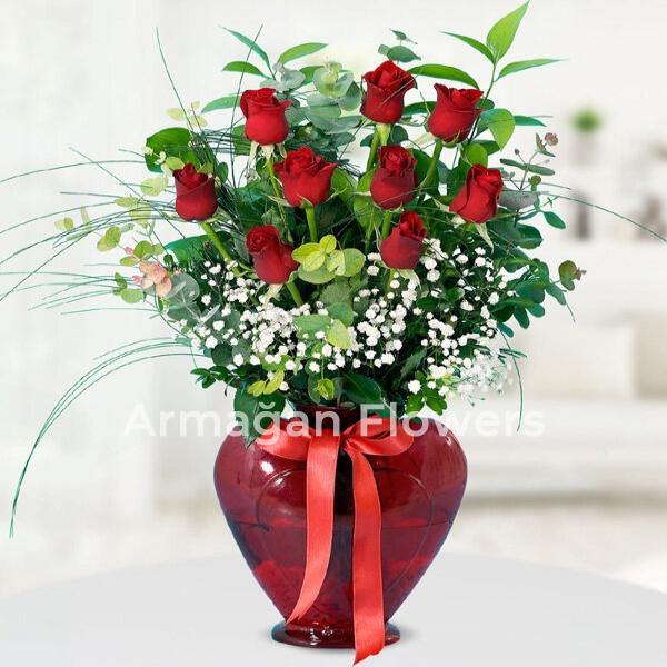 Heart Vase 9 Roses Resim 2