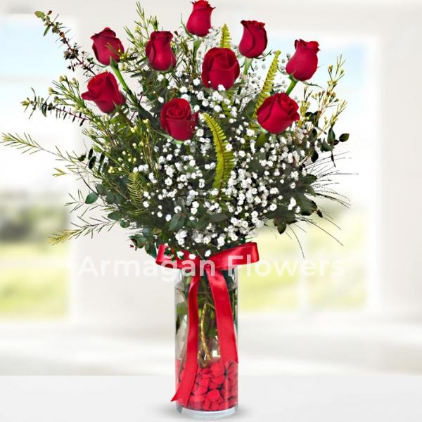 9 Red Roses in Vase Resim 2
