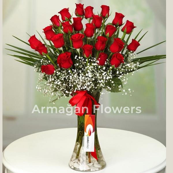 25 Red Roses in Vase Resim 1