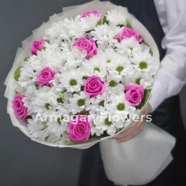 9 Pink Roses and Krizantem Resim 1