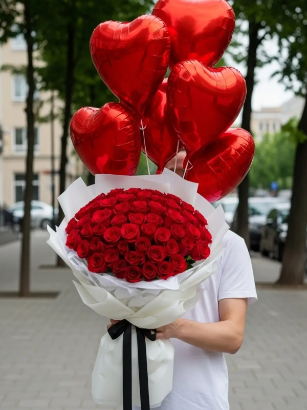 Alanya çiçekçi - 51 Gül 7 Kalp Balon